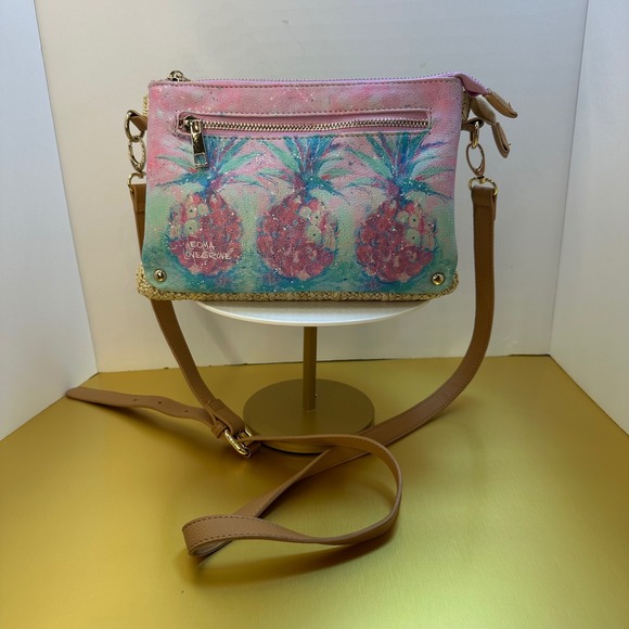 Leoma Lovegrove Pineapple Crossbody Bag Straw Faux Leather Tropical Pink Blue - Picture 2 of 13